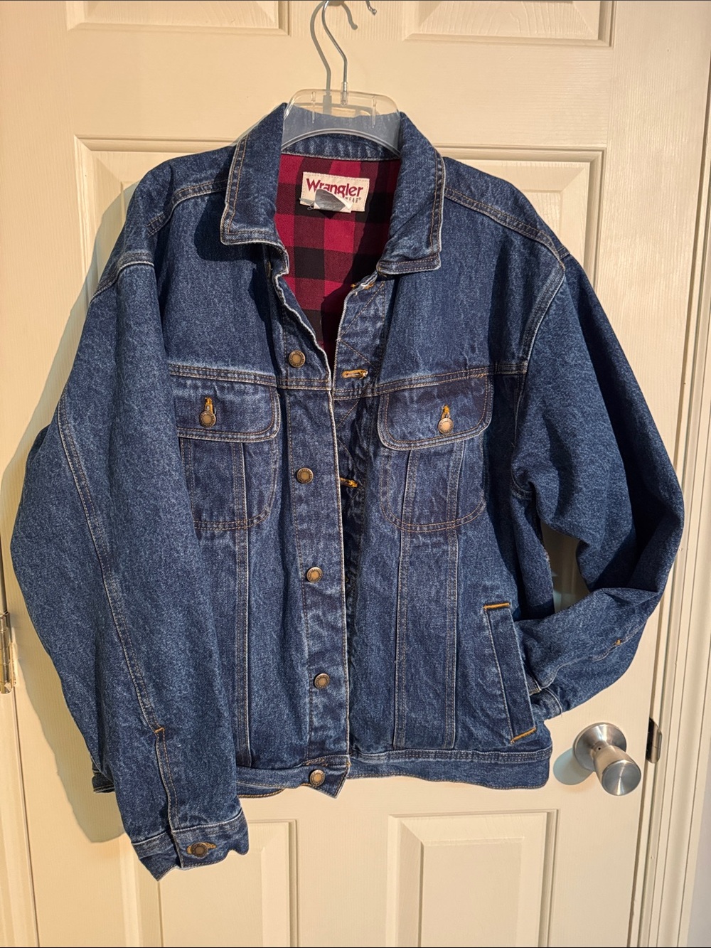 Wrangler Dark Blue Denim Jacket with Red Plaid Lining